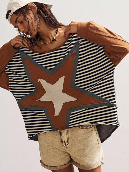Bohemela Plus Size Women's Pentagram Applique Striped Round Neck Drop Shoulder Long Sleeve Casual Top Fall
