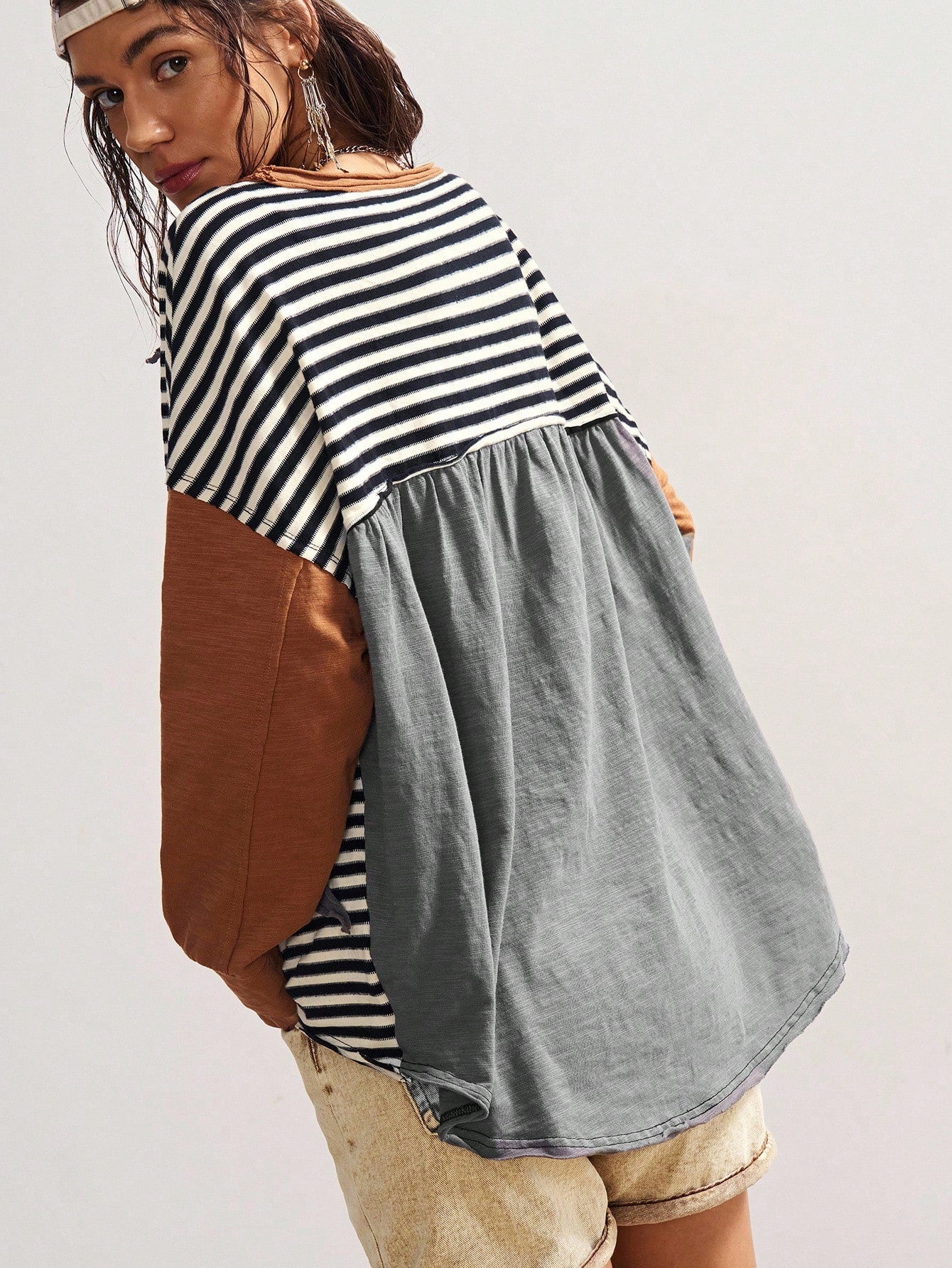 Bohemela Plus Size Women's Pentagram Applique Striped Round Neck Drop Shoulder Long Sleeve Casual Top Fall