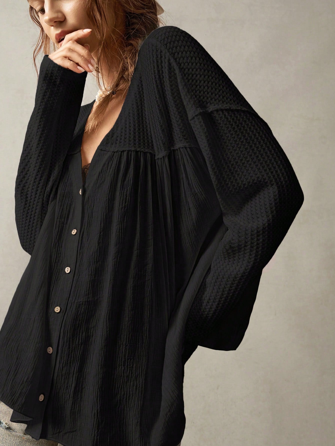 Bohemela Plus Size Women's Solid Color Front Button Casual Black Blouse,Vintage Fall