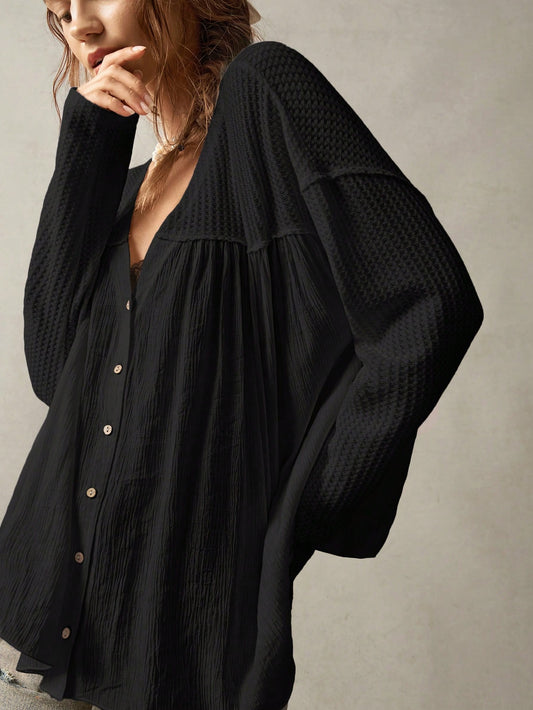 Bohemela Plus Size Women's Solid Color Front Button Casual Black Blouse,Vintage Fall