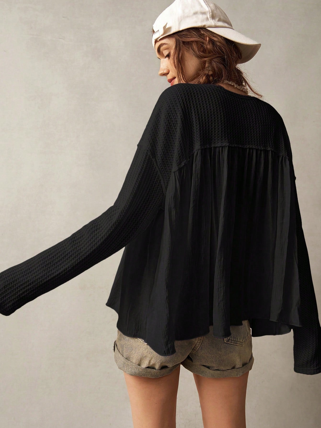 Bohemela Plus Size Women's Solid Color Front Button Casual Black Blouse,Vintage Fall