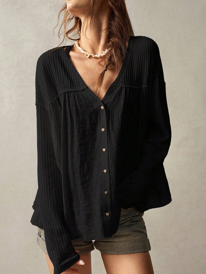 Bohemela Plus Size Women's Solid Color Front Button Casual Black Blouse,Vintage Fall