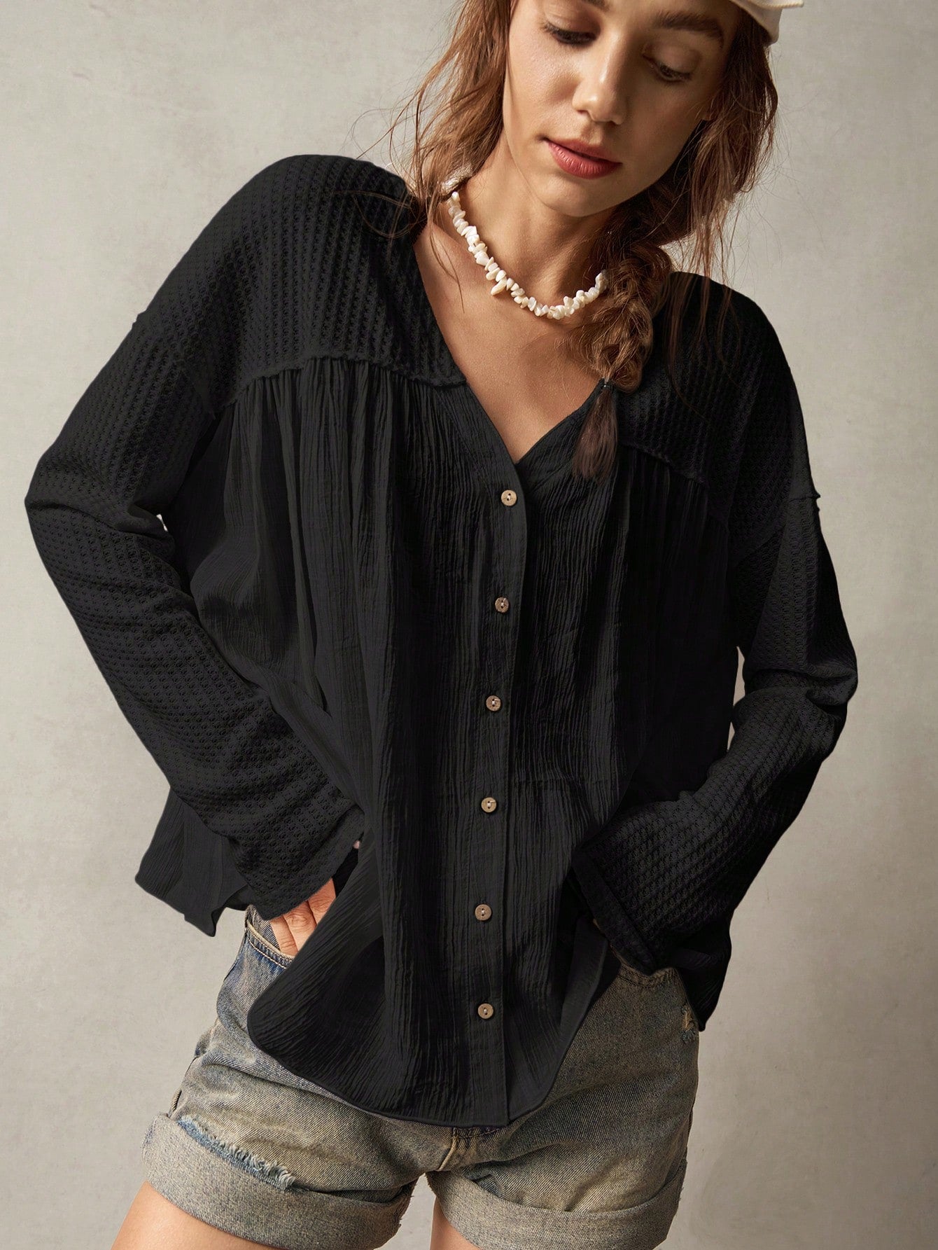 Bohemela Plus Size Women's Solid Color Front Button Casual Black Blouse,Vintage Fall