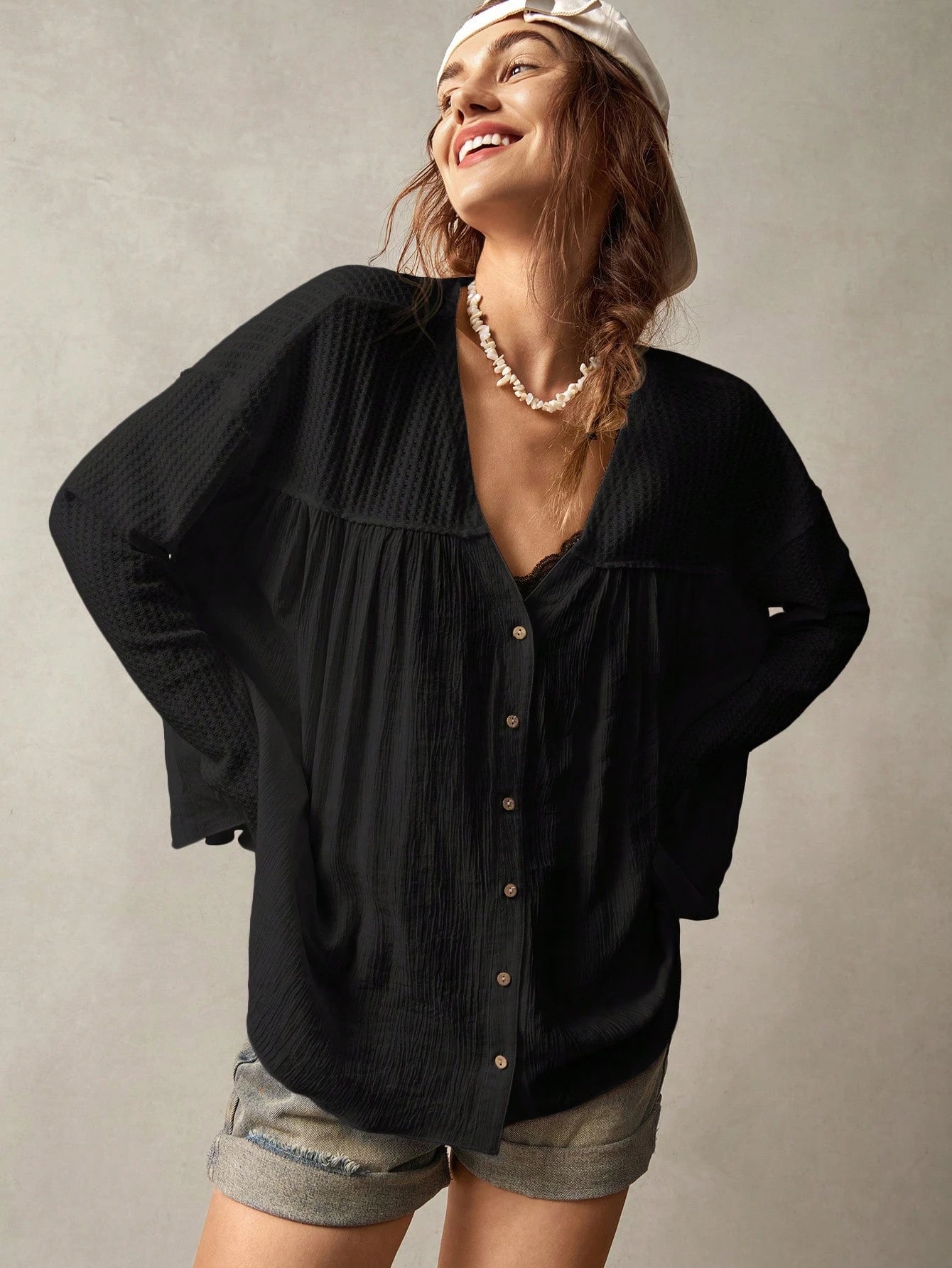 Bohemela Plus Size Women's Solid Color Front Button Casual Black Blouse,Vintage Fall