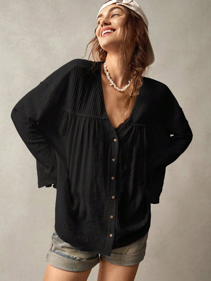 Bohemela Plus Size Women's Solid Color Front Button Casual Black Blouse,Vintage Fall