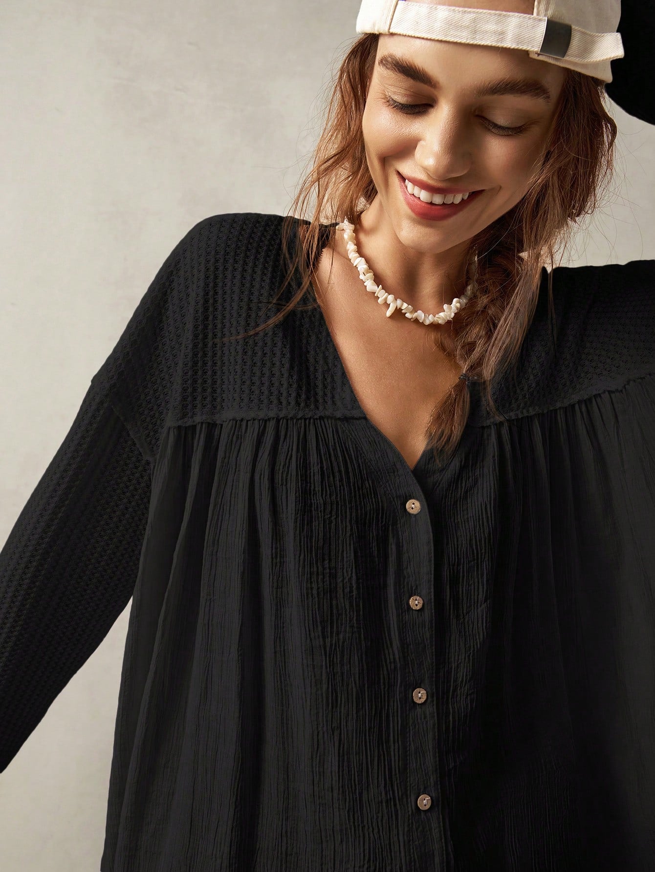 Bohemela Plus Size Women's Solid Color Front Button Casual Black Blouse,Vintage Fall