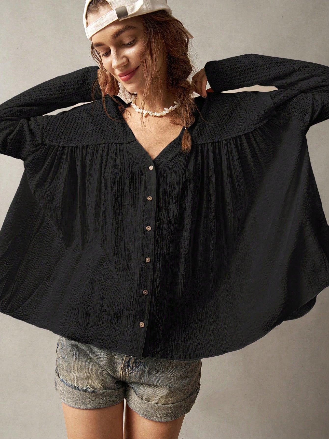 Bohemela Plus Size Women's Solid Color Front Button Casual Black Blouse,Vintage Fall