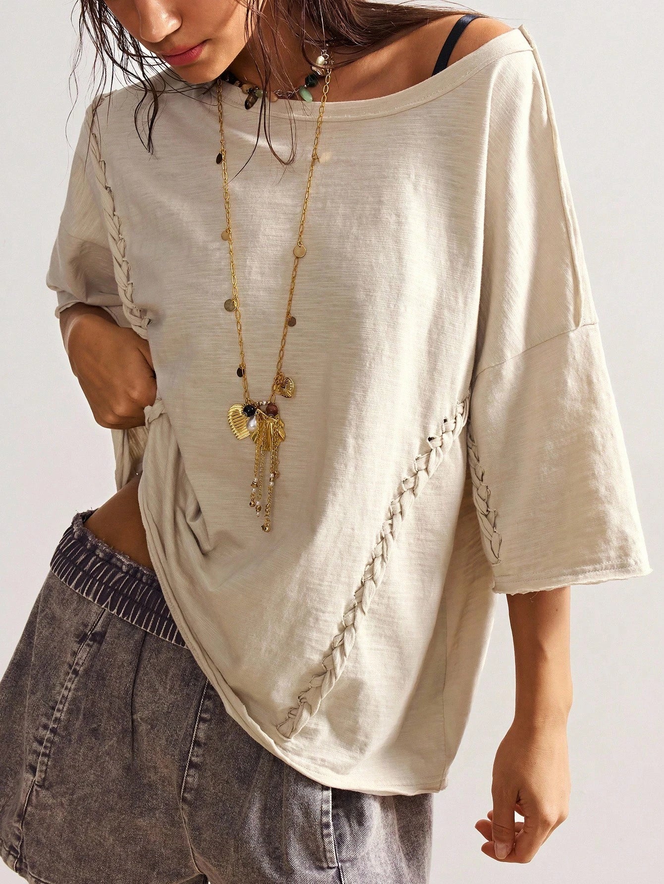 Bohemela Plus Size Women's Solid Color Round Neck Short Sleeve Casual Loose T-Shirt, Going Out Tops