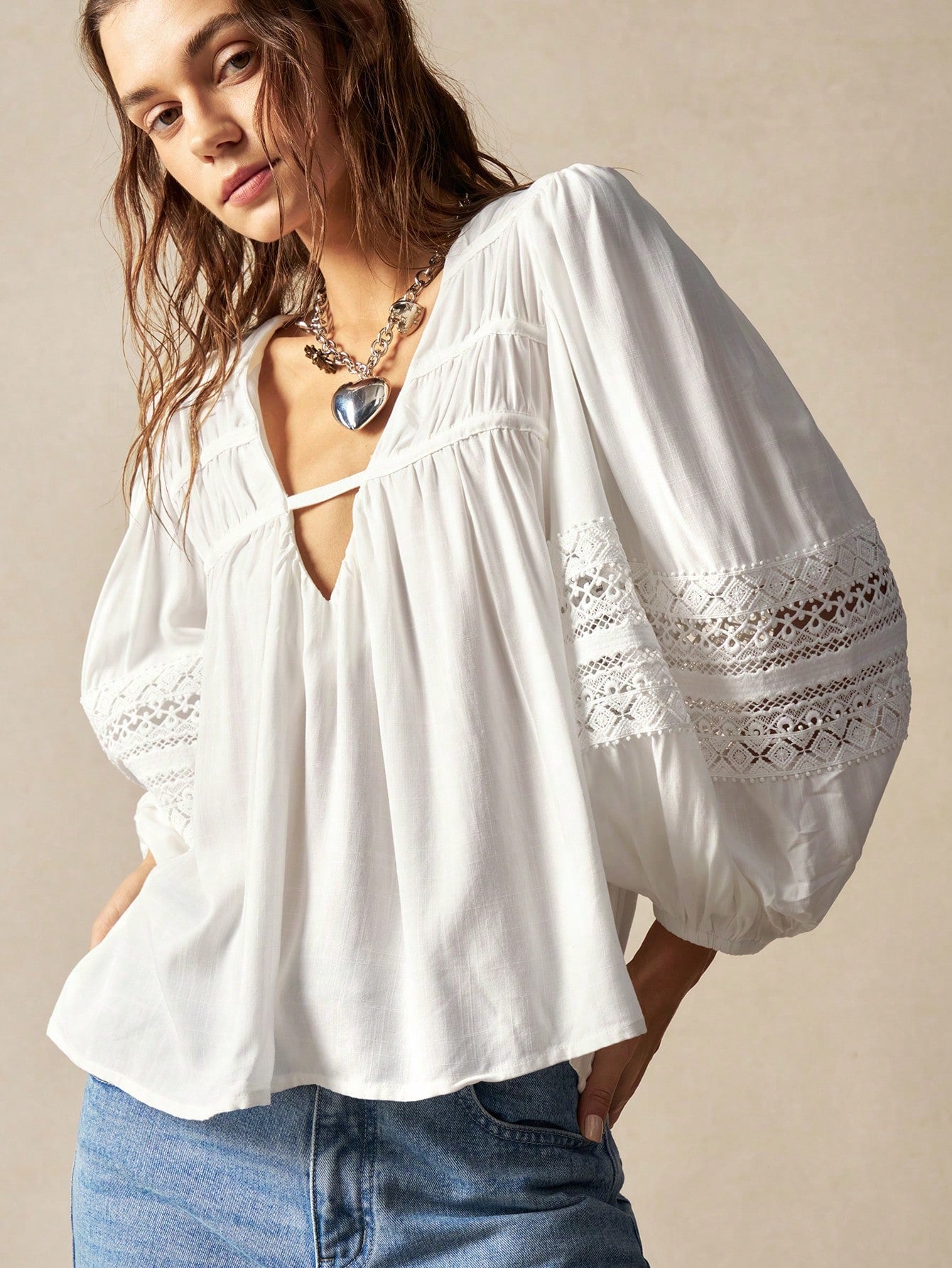 Bohemela Plus Size Women's Spring & Summer V-Neck Lantern Sleeve Lace Patchwork Loose Casual Holiday Shirt Fall