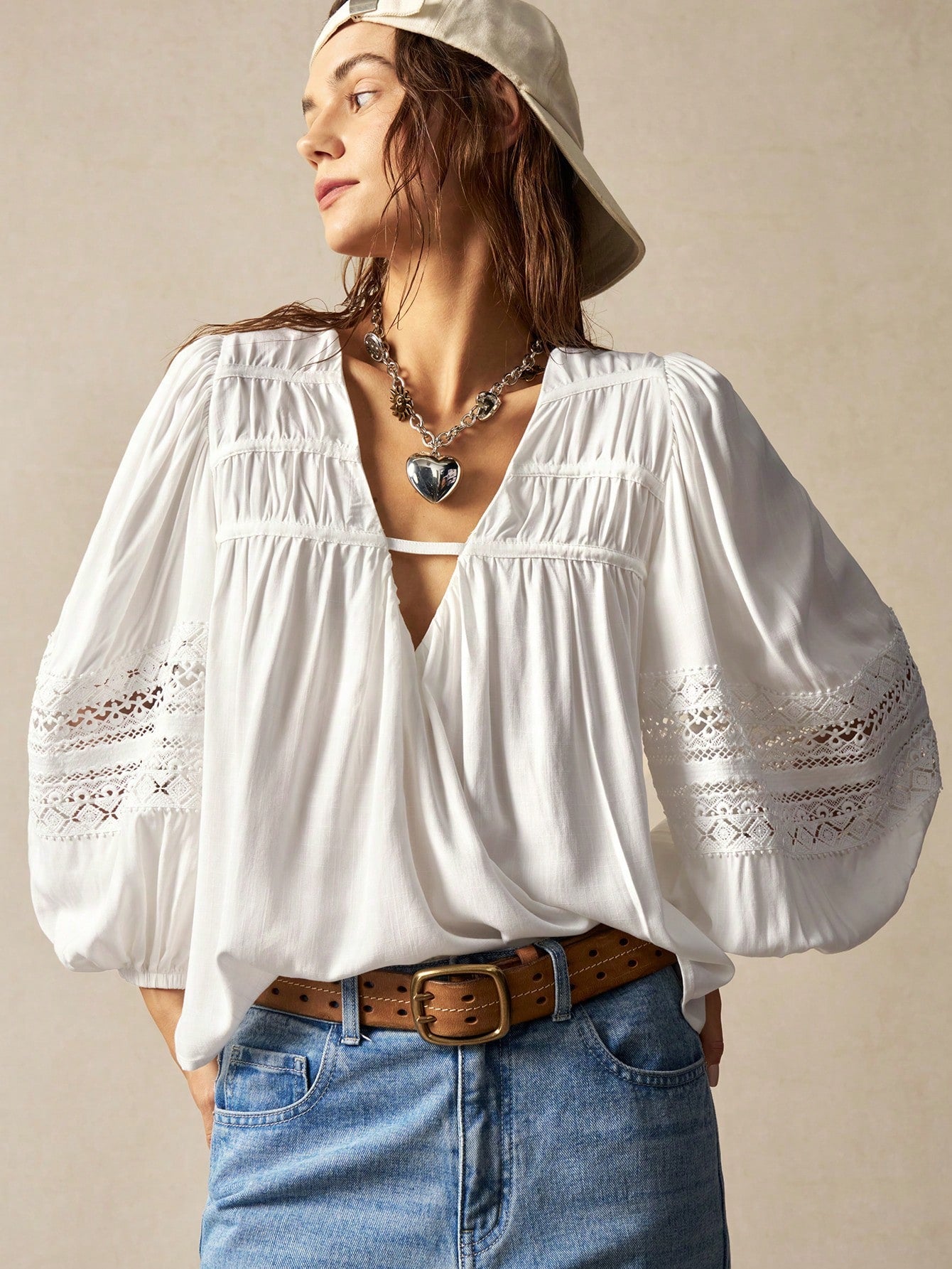 Bohemela Plus Size Women's Spring & Summer V-Neck Lantern Sleeve Lace Patchwork Loose Casual Holiday Shirt Fall