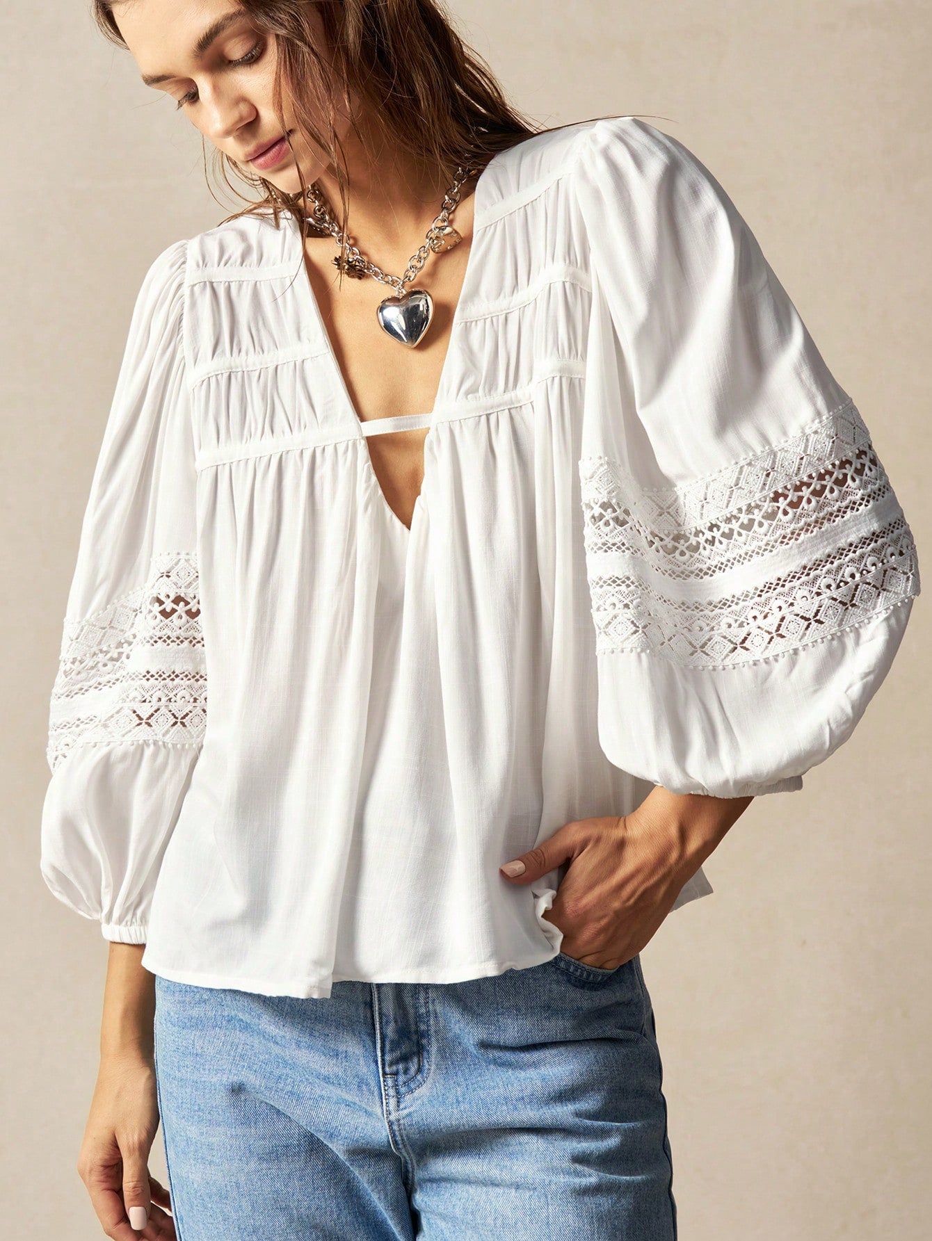 Bohemela Plus Size Women's Spring & Summer V-Neck Lantern Sleeve Lace Patchwork Loose Casual Holiday Shirt Fall