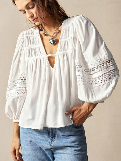 Bohemela Plus Size Women's Spring & Summer V-Neck Lantern Sleeve Lace Patchwork Loose Casual Holiday Shirt Fall