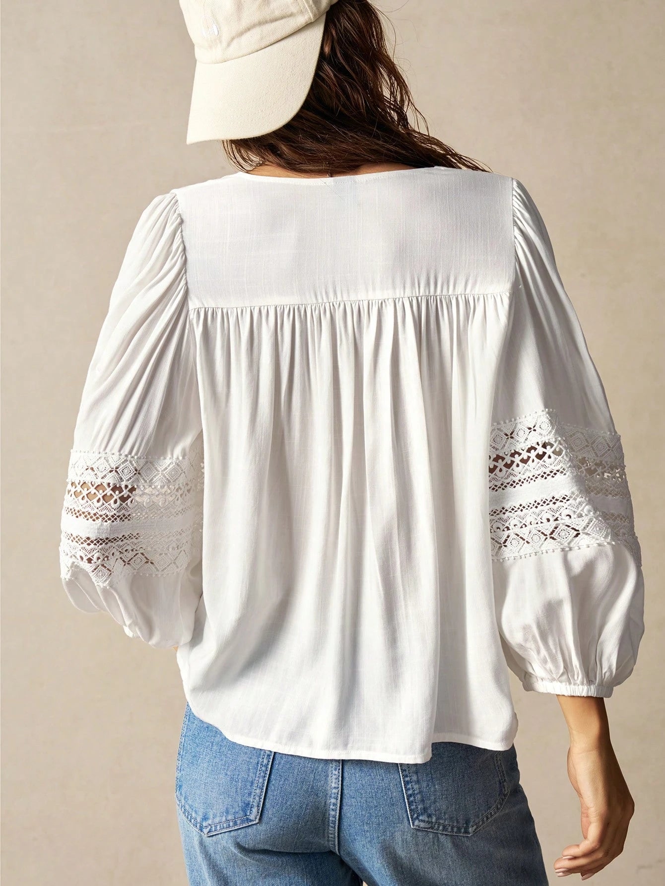Bohemela Plus Size Women's Spring & Summer V-Neck Lantern Sleeve Lace Patchwork Loose Casual Holiday Shirt Fall
