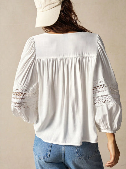 Bohemela Plus Size Women's Spring & Summer V-Neck Lantern Sleeve Lace Patchwork Loose Casual Holiday Shirt Fall