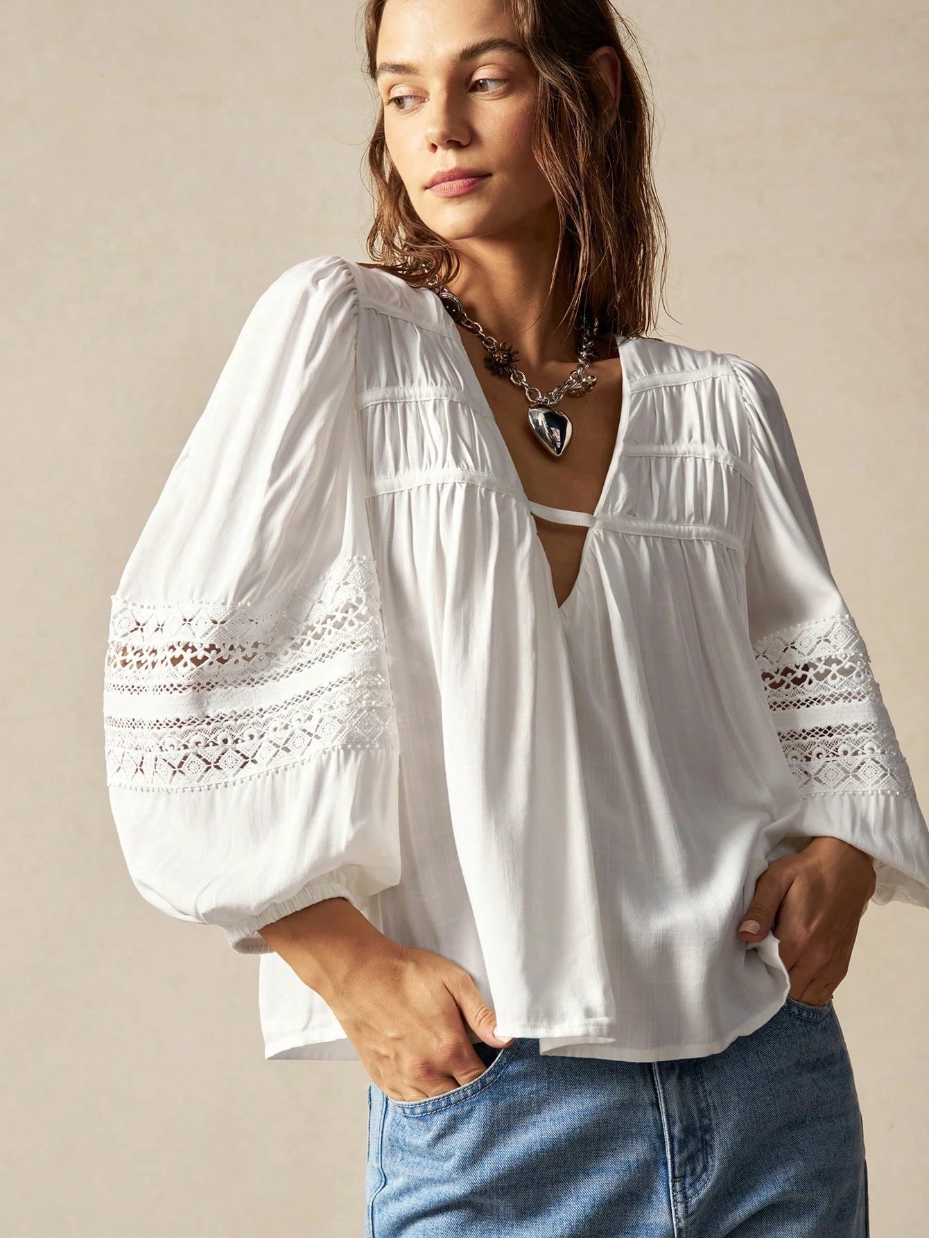 Bohemela Plus Size Women's Spring & Summer V-Neck Lantern Sleeve Lace Patchwork Loose Casual Holiday Shirt Fall