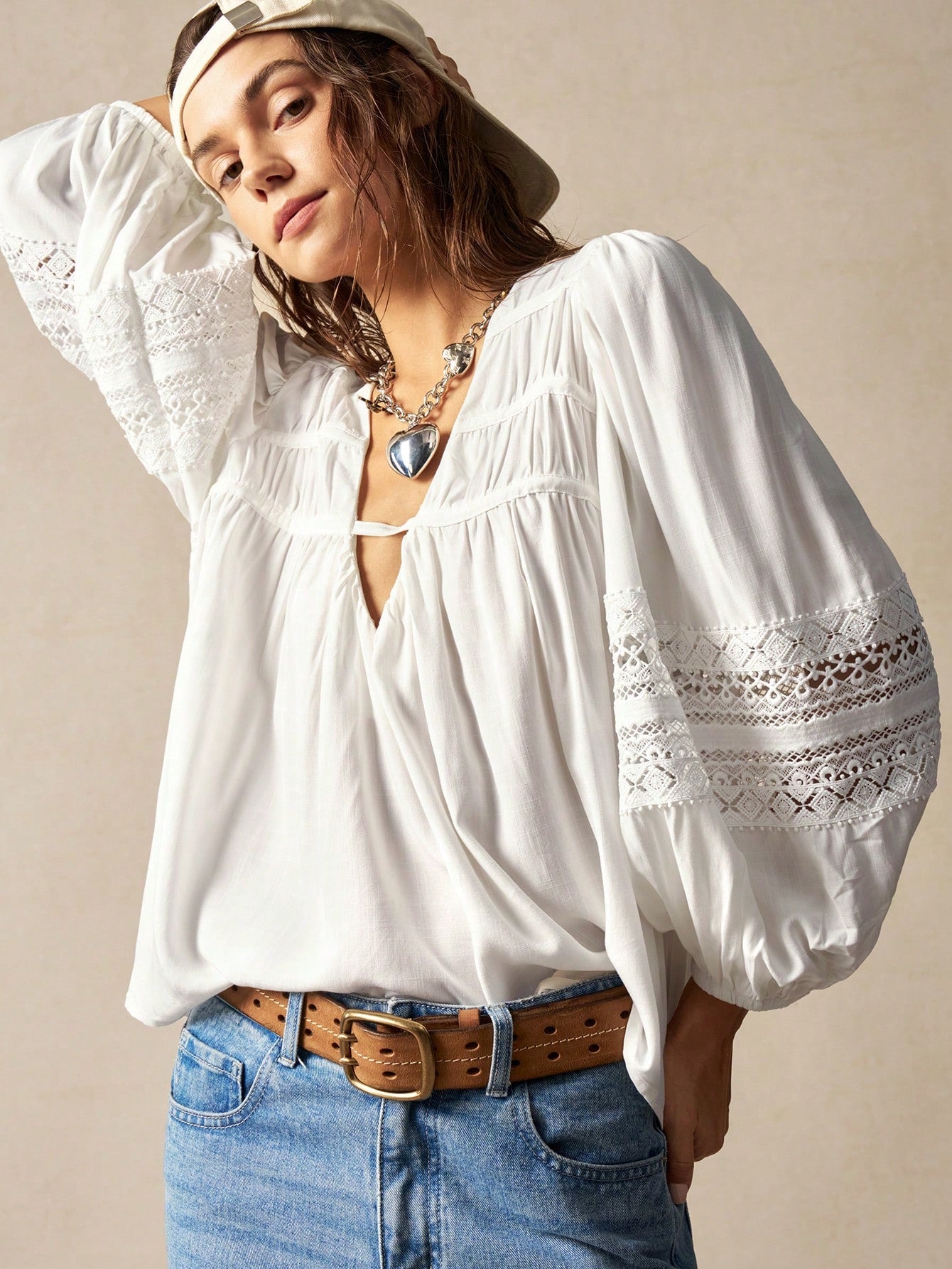Bohemela Plus Size Women's Spring & Summer V-Neck Lantern Sleeve Lace Patchwork Loose Casual Holiday Shirt Fall