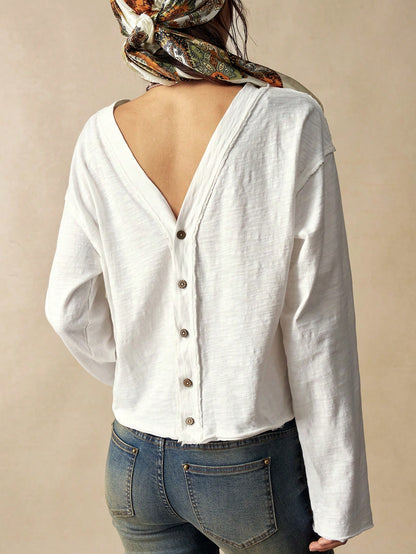 Bohemela Plus Size Women's Textured Vacation Single-Breasted Long Sleeve T-Shirt, Versatile Styling Wedding Gym White Autumn Streetwear Fall