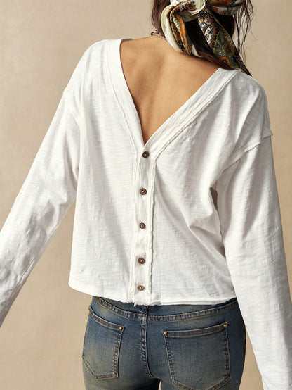 Bohemela Plus Size Women's Textured Vacation Single-Breasted Long Sleeve T-Shirt, Versatile Styling Wedding Gym White Autumn Streetwear Fall