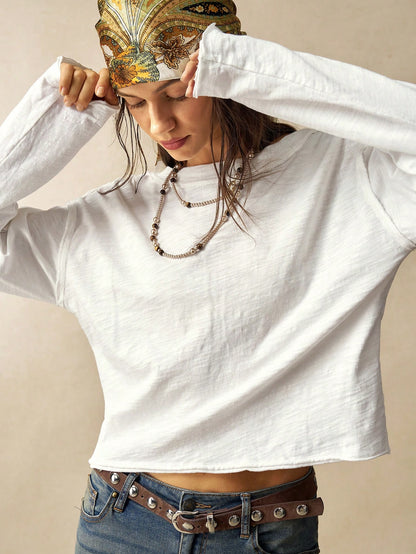 Bohemela Plus Size Women's Textured Vacation Single-Breasted Long Sleeve T-Shirt, Versatile Styling Wedding Gym White Autumn Streetwear Fall