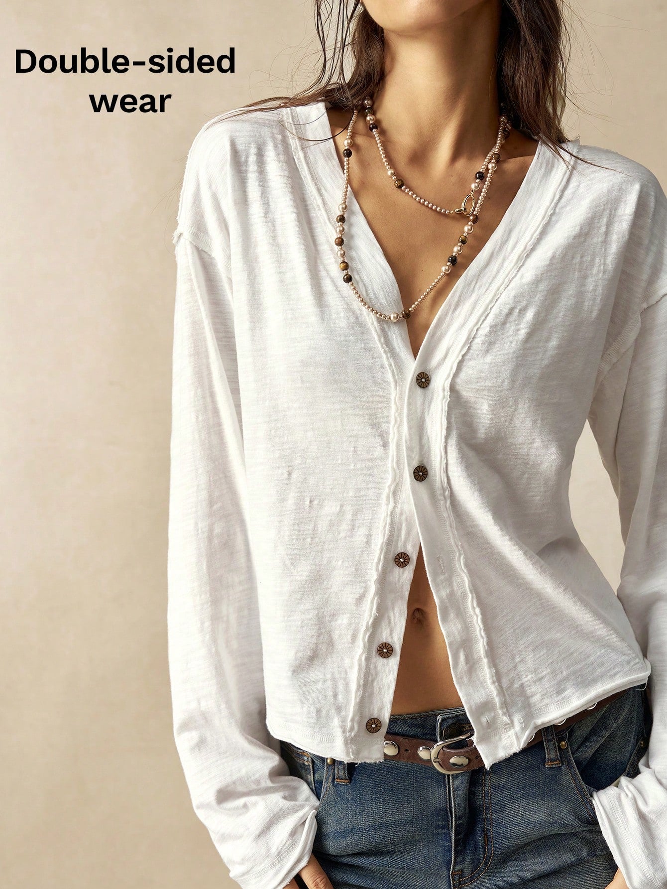 Bohemela Plus Size Women's Textured Vacation Single-Breasted Long Sleeve T-Shirt, Versatile Styling Wedding Gym White Autumn Streetwear Fall