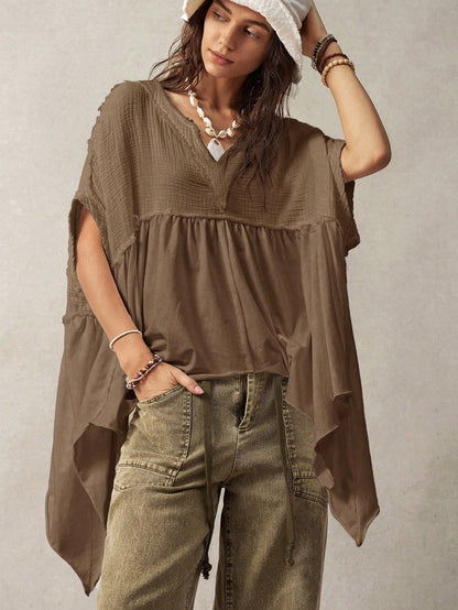 Bohemela Plus Size Women Splicing Batwing Sleeve Casual Vacation Top,Vintage Brown Top Women Coffee Brown Top Earthy Tops Earthy Clothes Women