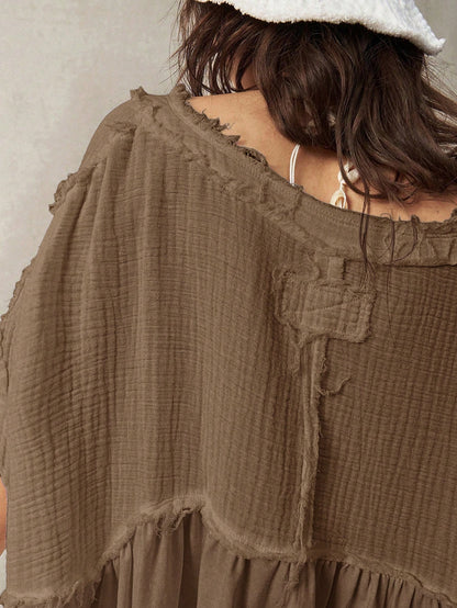 Bohemela Plus Size Women Splicing Batwing Sleeve Casual Vacation Top,Vintage Brown Top Women Coffee Brown Top Earthy Tops Earthy Clothes Women