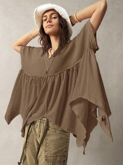 Bohemela Plus Size Women Splicing Batwing Sleeve Casual Vacation Top,Vintage Brown Top Women Coffee Brown Top Earthy Tops Earthy Clothes Women