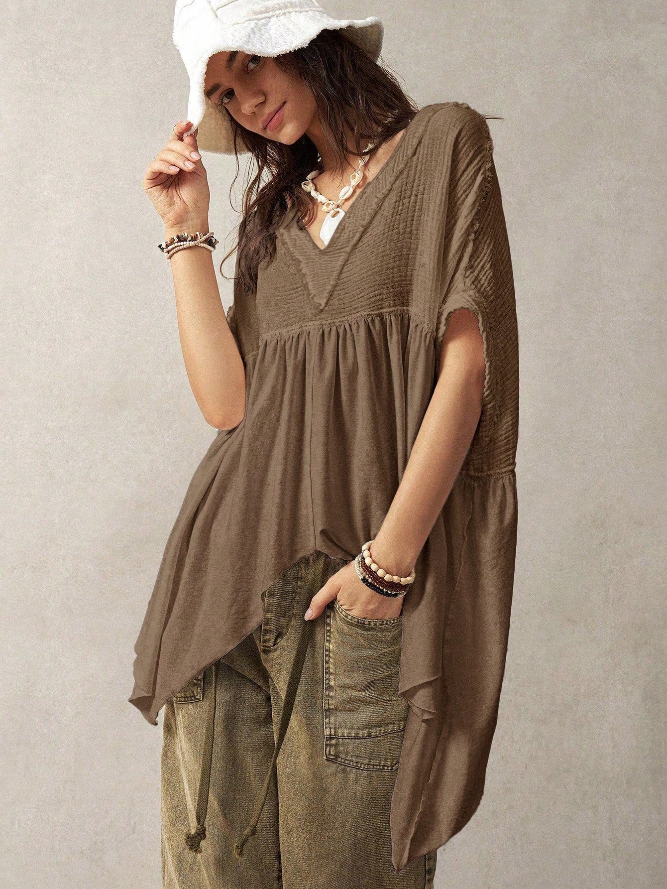 Bohemela Plus Size Women Splicing Batwing Sleeve Casual Vacation Top,Vintage Brown Top Women Coffee Brown Top Earthy Tops Earthy Clothes Women
