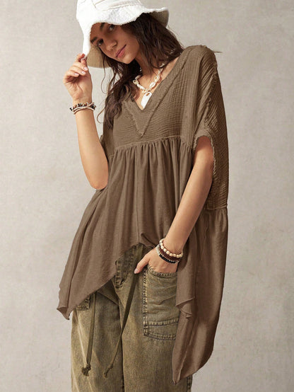 Bohemela Plus Size Women Splicing Batwing Sleeve Casual Vacation Top,Vintage Brown Top Women Coffee Brown Top Earthy Tops Earthy Clothes Women