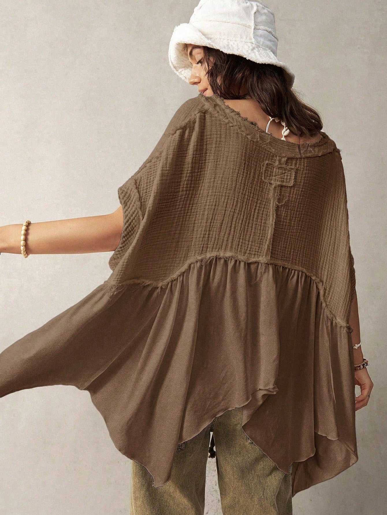 Bohemela Plus Size Women Splicing Batwing Sleeve Casual Vacation Top,Vintage Brown Top Women Coffee Brown Top Earthy Tops Earthy Clothes Women