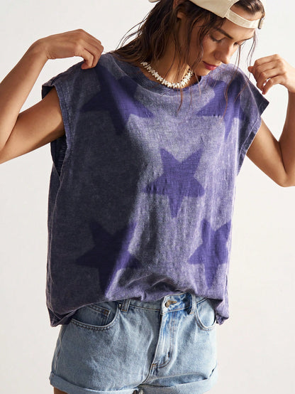 Bohemela Plus Size Women Summer Casual Fashionable Street Chic Daily Commute Beach Bussines Star Print Batwing Loose T-Shirt Dark Purple