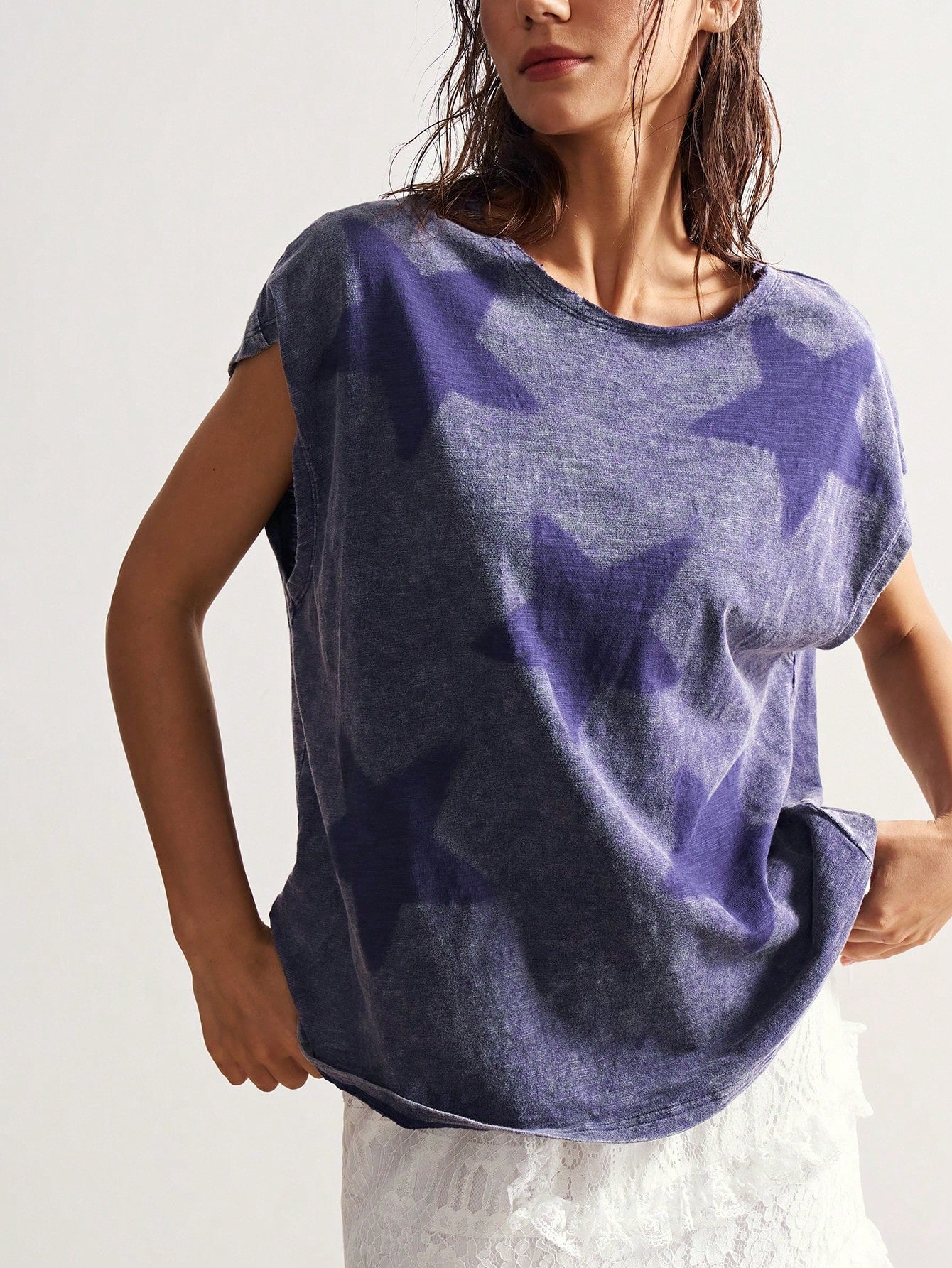 Bohemela Plus Size Women Summer Casual Fashionable Street Chic Daily Commute Beach Bussines Star Print Batwing Loose T-Shirt Dark Purple