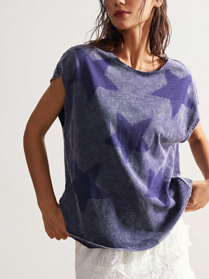 Bohemela Plus Size Women Summer Casual Fashionable Street Chic Daily Commute Beach Bussines Star Print Batwing Loose T-Shirt Dark Purple