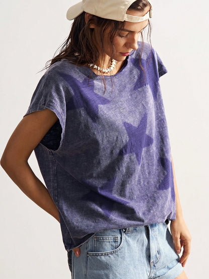 Bohemela Plus Size Women Summer Casual Fashionable Street Chic Daily Commute Beach Bussines Star Print Batwing Loose T-Shirt Dark Purple