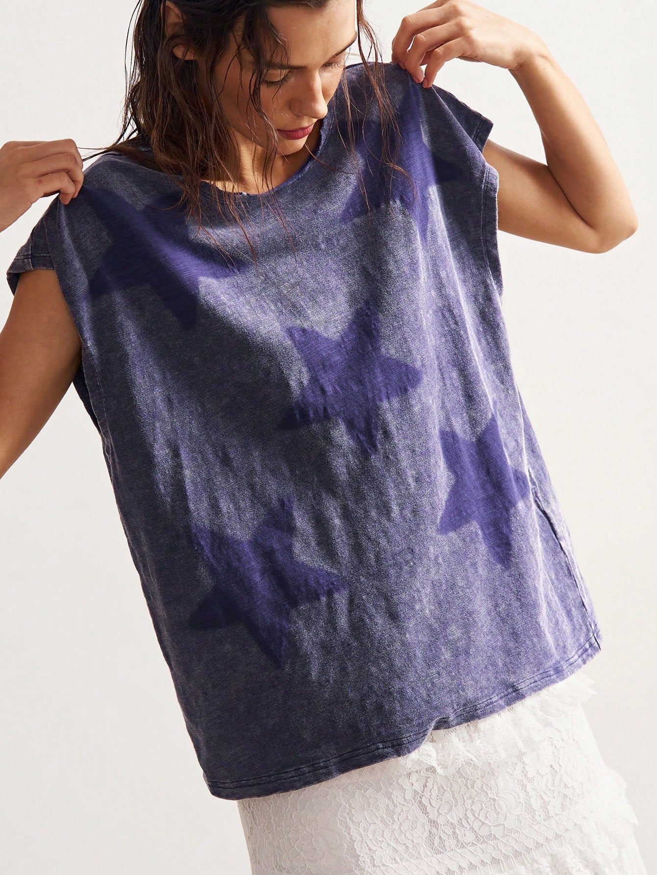 Bohemela Plus Size Women Summer Casual Fashionable Street Chic Daily Commute Beach Bussines Star Print Batwing Loose T-Shirt Dark Purple