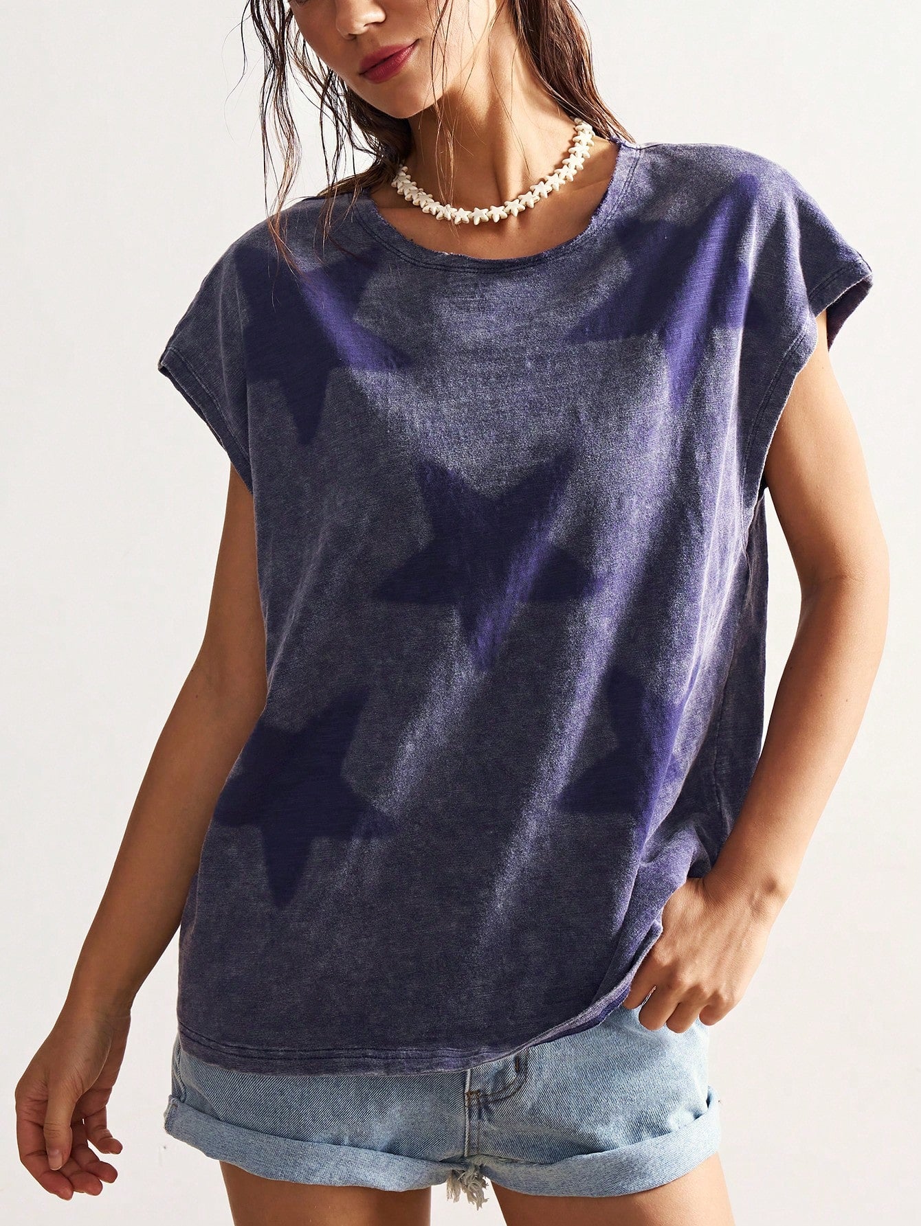 Bohemela Plus Size Women Summer Casual Fashionable Street Chic Daily Commute Beach Bussines Star Print Batwing Loose T-Shirt Dark Purple