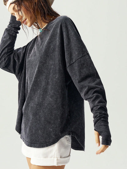 Bohemela Plus Size Women Tie-Dye Drop Shoulder Long Sleeve Hollow Back Casual T-Shirt,Vintage Fall