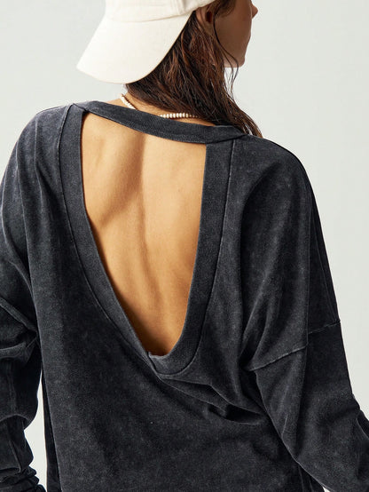 Bohemela Plus Size Women Tie-Dye Drop Shoulder Long Sleeve Hollow Back Casual T-Shirt,Vintage Fall