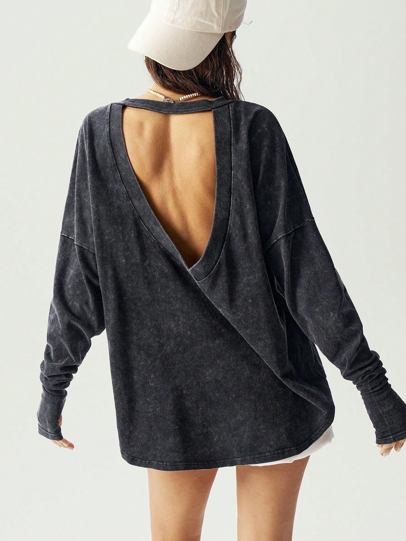 Bohemela Plus Size Women Tie-Dye Drop Shoulder Long Sleeve Hollow Back Casual T-Shirt,Vintage Fall
