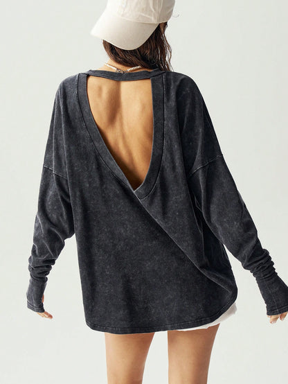 Bohemela Plus Size Women Tie-Dye Drop Shoulder Long Sleeve Hollow Back Casual T-Shirt,Vintage Fall