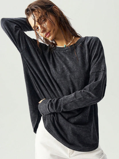 Bohemela Plus Size Women Tie-Dye Drop Shoulder Long Sleeve Hollow Back Casual T-Shirt,Vintage Fall