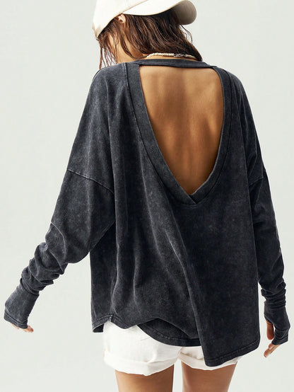Bohemela Plus Size Women Tie-Dye Drop Shoulder Long Sleeve Hollow Back Casual T-Shirt,Vintage Fall