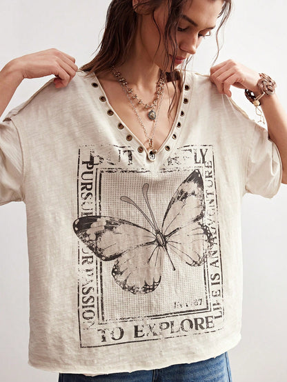 Bohemela Plus Size Women V-Neck Butterfly Print Casual Versatile Daily Short Sleeve T-Shirt