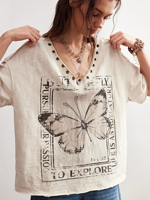 Bohemela Plus Size Women V-Neck Butterfly Print Casual Versatile Daily Short Sleeve T-Shirt