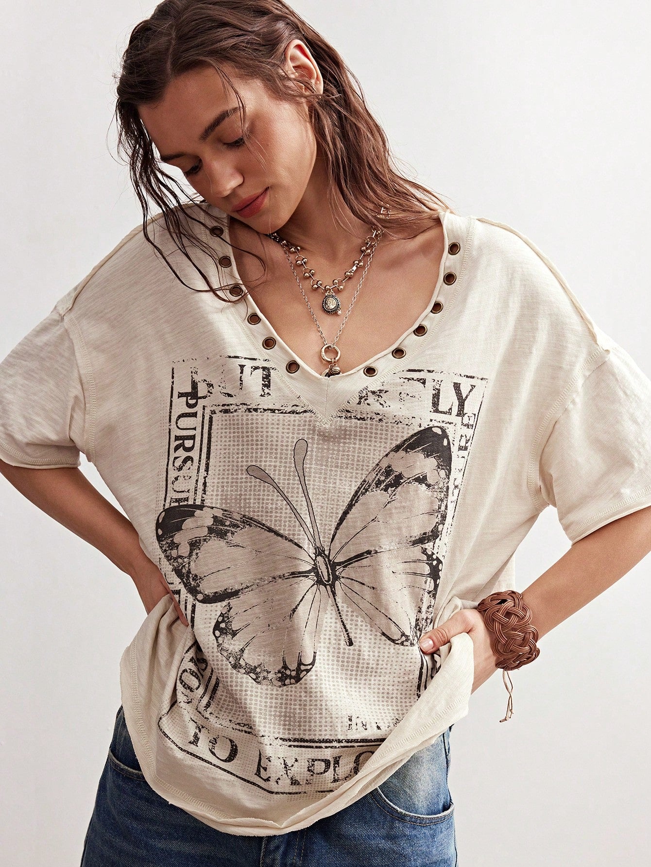 Bohemela Plus Size Women V-Neck Butterfly Print Casual Versatile Daily Short Sleeve T-Shirt