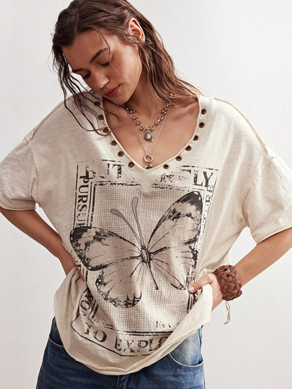 Bohemela Plus Size Women V-Neck Butterfly Print Casual Versatile Daily Short Sleeve T-Shirt