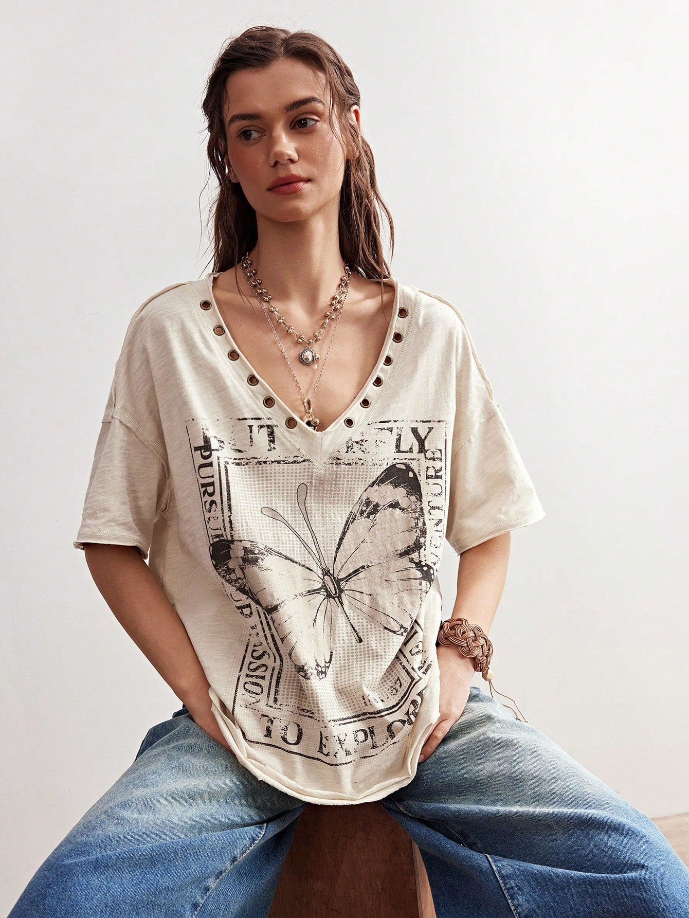 Bohemela Plus Size Women V-Neck Butterfly Print Casual Versatile Daily Short Sleeve T-Shirt