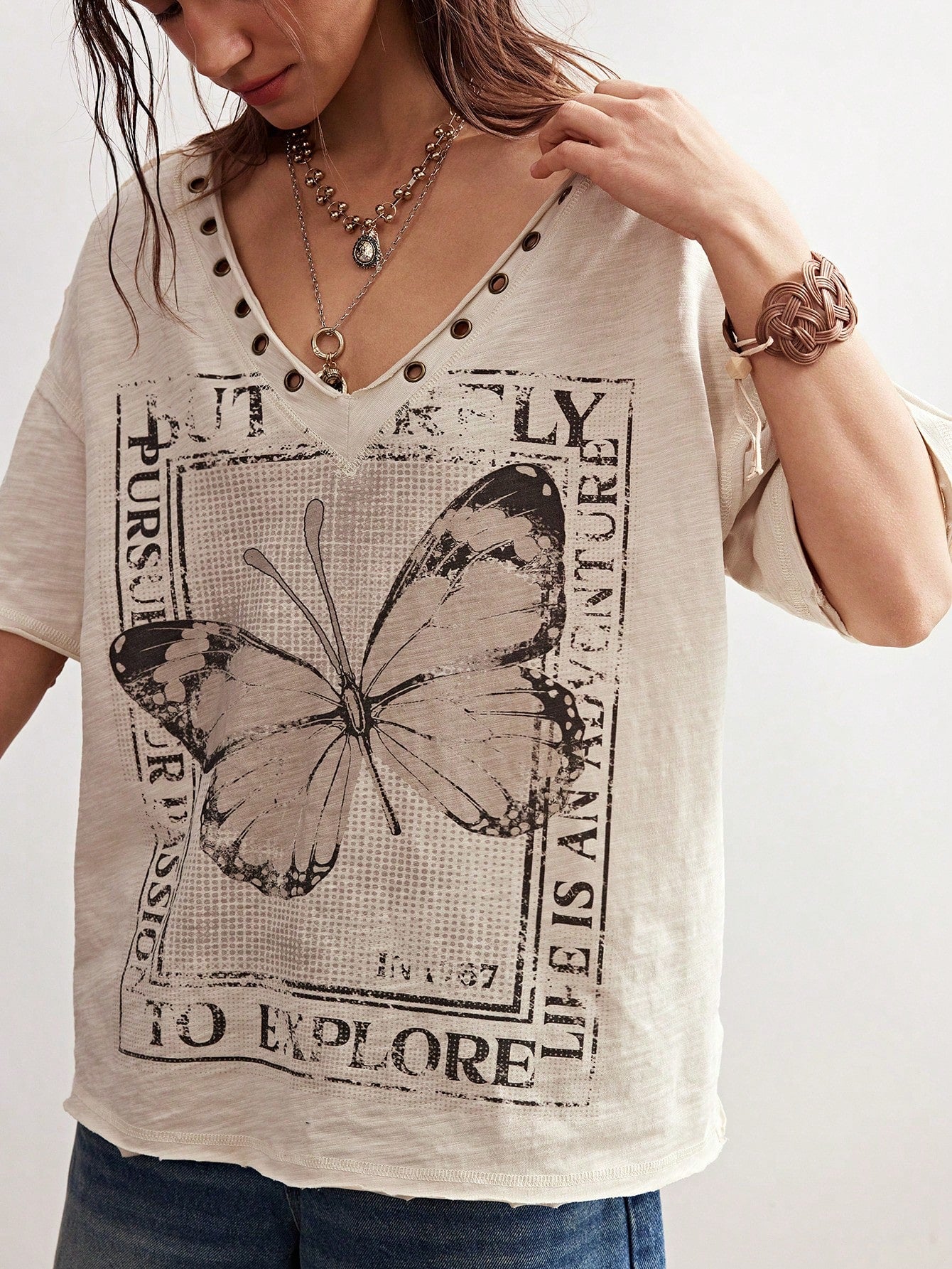 Bohemela Plus Size Women V-Neck Butterfly Print Casual Versatile Daily Short Sleeve T-Shirt