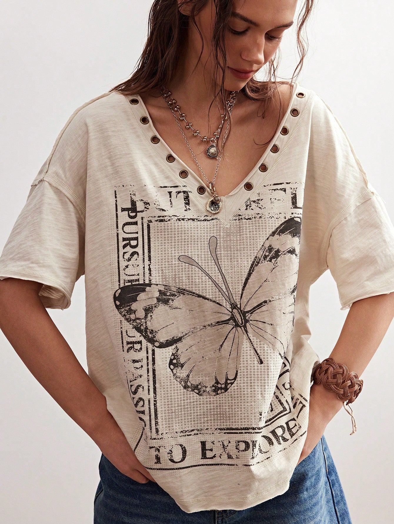 Bohemela Plus Size Women V-Neck Butterfly Print Casual Versatile Daily Short Sleeve T-Shirt
