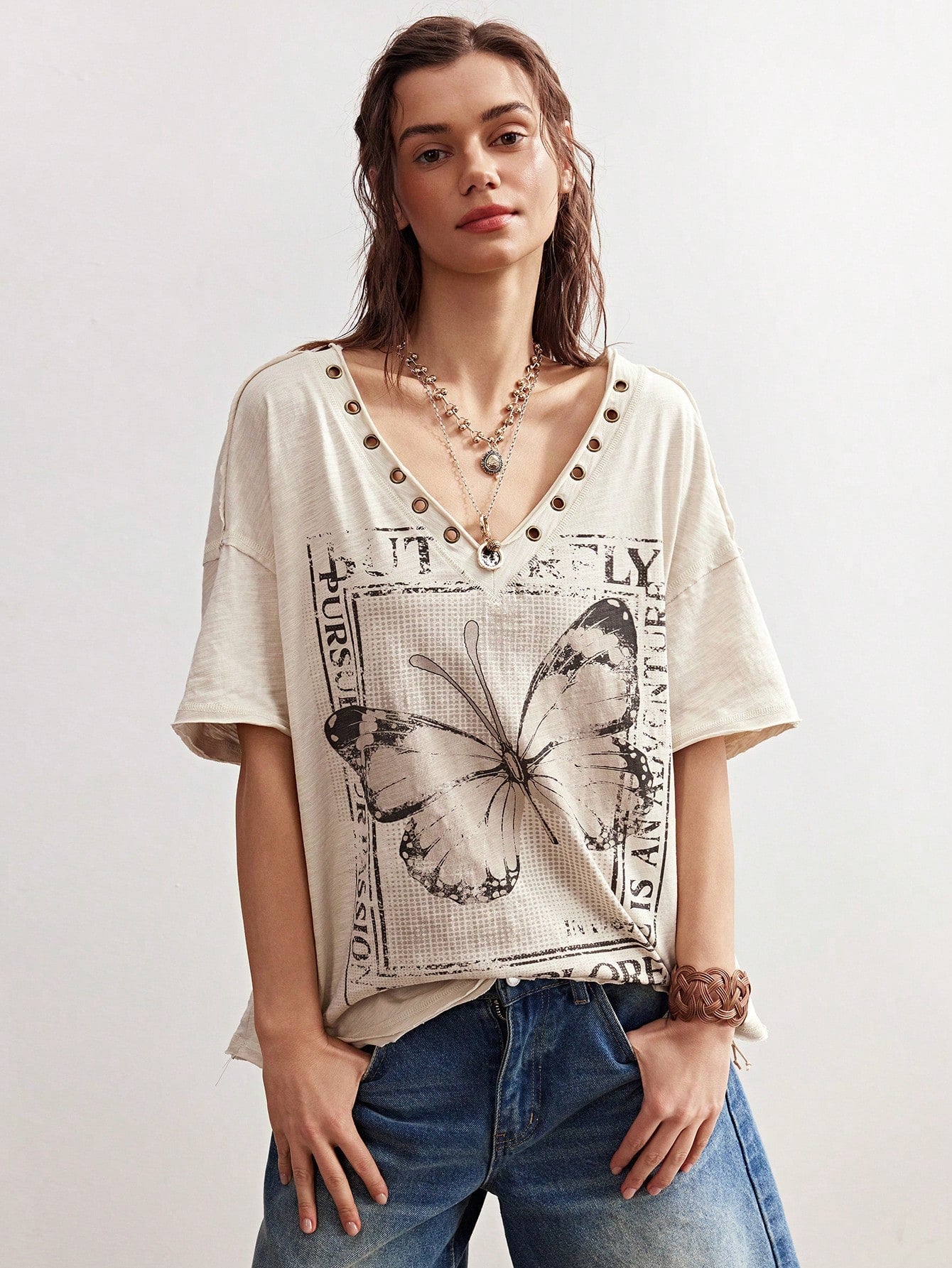 Bohemela Plus Size Women V-Neck Butterfly Print Casual Versatile Daily Short Sleeve T-Shirt